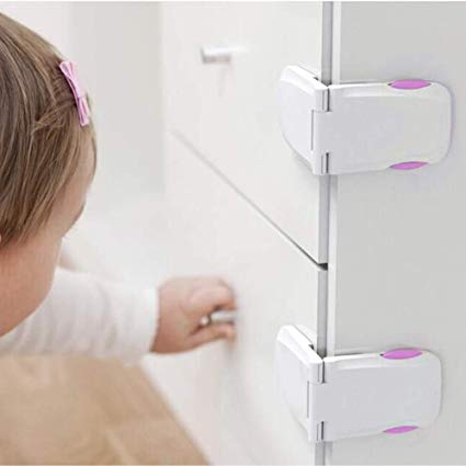 Been5le Child Safety Cabinet Locks - [4 Pack], Baby Proofing Cabinet Latch for Kitchen Storage Doors, Drawers, Cupboard, Oven, Refrigerator (White&Pink)