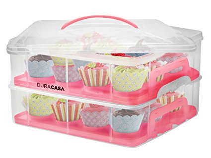 DuraCasa Cupcake Carrier | Cupcake Holder | Store up to 24 Cupcakes or 2 Large Cakes | Stacking Cupcake Storage Container | Cupcake, Cookie, or Cake Dessert Carrier (Red)