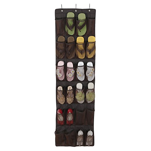 Lifewit 24 Breathable Shoe Organizer Over the Door Shoe Storage Mesh Pockets Hanging Rack with Hooks,Brown