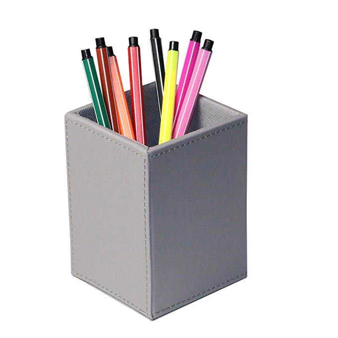 Iremico Colorful PU Leather Pencils Holder Stationery Organizer for Home Office (Square Grey)