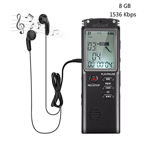 Digital Voice Recorder , ieGeek Portable Recorder Multifunctional Rechargeable HD Recording Dictaphone Voice Activated/Noise Cancelling/Double Microphone/LCD Screen/Plug and Play, Digital Audio MP3 Music Player With Headphones for Meeting, Class, Lectures, Conferences, Interviews 8GB 1536Kbps Black