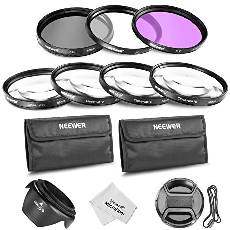 Neewer 58MM Professional Lens Filter and Close-up Macro Accessory Kit for CANON EOS Rebel T5i T4i T3i T3 T2i T1i XT XTi XSi SL1 DSLR Cameras - Includes Filter Kit (UV, CPL, FLD)   Macro Close-Up Set ( 1,  2,  4,  10)  Filter Carrying Pouch   Tulip Flower Lens Hood   Center Pinch Lens Cap with Cap Keeper Leash   Microfiber Cleaning Cloth