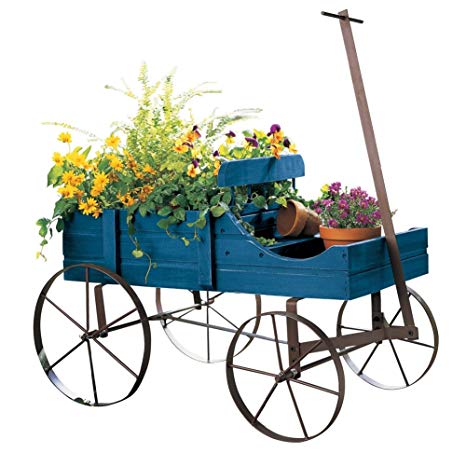 Collections Etc Amish Wagon Decorative Indoor/Outdoor Garden Backyard Planter, Blue