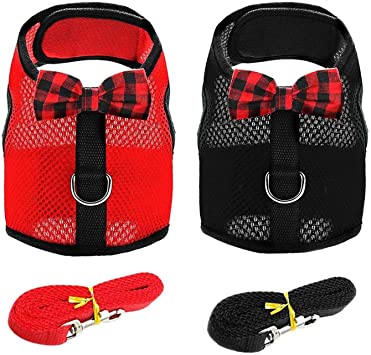 Rabbit Harness Leash, 2 Set No Pull Cat Leash Stylish Vest Harness, Adjustable Soft Breathable Mesh Small Pet Harness for Cats,Hamster, Rats and Similar Small Animals(Red,Black, L)