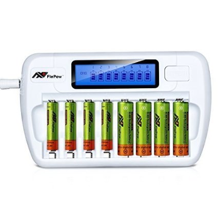 FlePow Battery Included 8 Bay / Slot AA AAA Ni-MH Ni-Cd LCD Fast Individual Cell Battery Charger ,Including 4 Pieces 1000mAh AAA Battery and 4 Pieces 2300mAh AA Rechargeable Battery