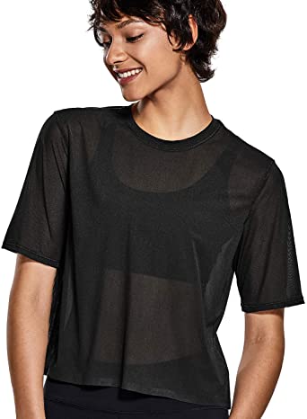 CRZ YOGA Women's Mesh Short Sleeve Moisture Wicking See Through Bonded Hem Cropped Sport Shirts