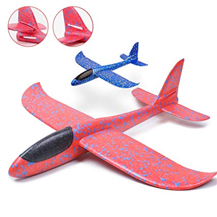 VCOSTORE 2 Flight Mode Foam Airplanes for Kids, 14.4" Throwing Glider Plane Toys for Boys Girls Gift Age 3-12, Durable Aircraft Outdoor Sport Game Fun 2pcs (Blue&Red)