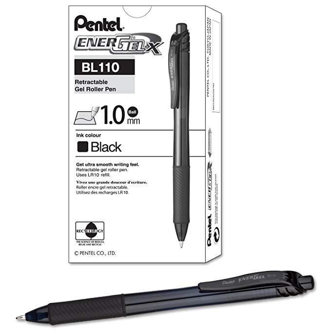 Pentel EnerGel-X Retractable Liquid Gel Pen (1.0mm) Metal Tip, Black Ink, Box of 12 (BL110-A)