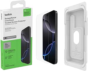 Belkin ScreenForce InvisiGlass Treated Screen Protector for iPhone 16 Pro Max, Scratch-Resistant Impact Protection w/Included Easy Align Tray for Bubble Free Application - Made with Recycled Glass