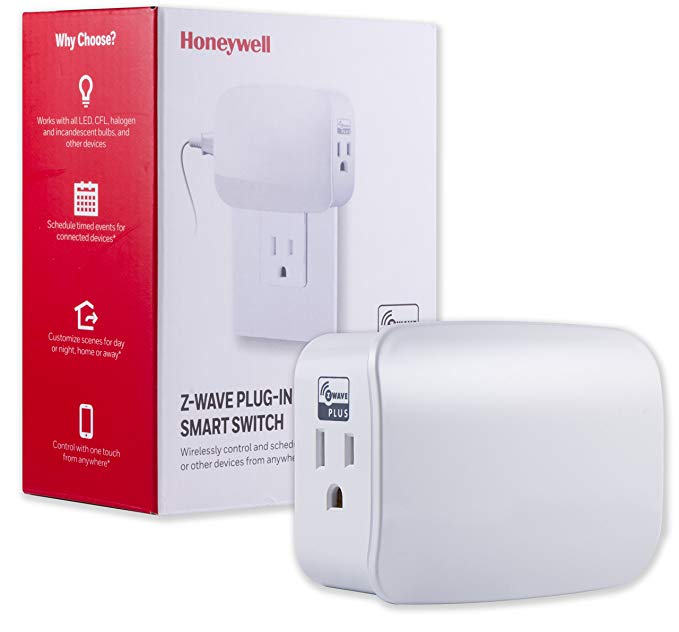 Honeywell Z-Wave Plus Smart On/Off Light and Appliance Switch, Dual Outlet Plug-In, 2 Controlled Together | Repeater Range Extender| ZWave Hub Required - SmartThings, Wink, and Alexa Compatible, 39342