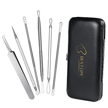 BESTOPE Blackhead Remover Tweezers Kit, 6pcs Pimple Extractor Curved Tweezers Whitehead Removal Tool Kit with Mirror Leather Gift Case, Stainless Steel Needle for Acne Comedone, Anti-slid Handles