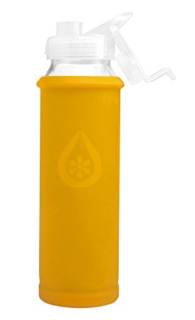 Eveau Glass Water Bottle with Bumperguard Silicone Sleeve, Wide Mouth Opening, Flip Top, 21 Ounce/630 ml Capacity