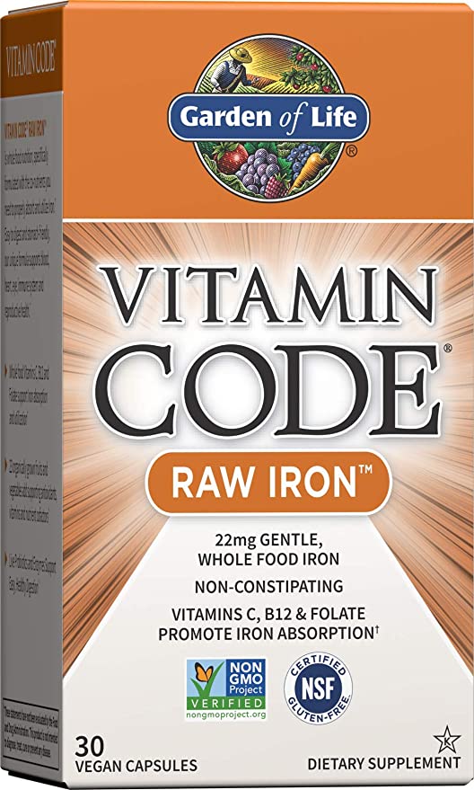 Garden of Life Vitamin Code Raw Iron Supplement - 30 Vegan Capsules, 22mg Once Daily Iron, Vitamins C, B12, Folate, Fruit, Veggies & Probiotics, Iron Supplements for Women, Energy & Anemia Support