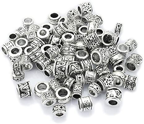 LolliBeads (TM) Antiqued Silver Tone Bracelet Jewelry Marking Large Hole Spacer Beads Round Tube Charm Beads (80pcs)