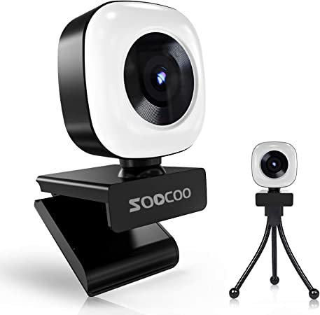 1080P/2K Webcam with Ring Light, Soocoo Q9 Streaming Web Camera with Microphone/Tripod, USB Plug and Play, Adjustable Brightness, Beauty Retouch, for PC Laptop Mac Windows Zoom Skype Teams OBS Studio