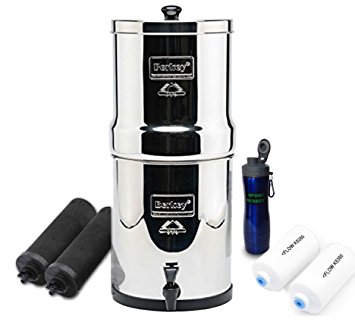 Big Berkey BK4X2 Countertop Water Filter- 2 Black Berkey Elements and 2 Fluoride Filters bundled with Berkey Blue Waterbottle