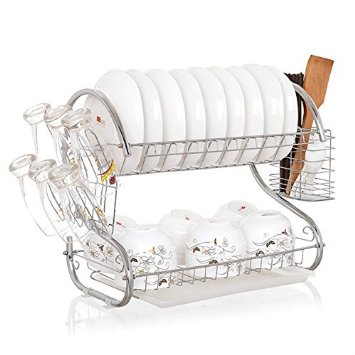 Kommii 2 Tier Dish Drying Rack Functional Durable Wire Frame Hanging Rack with Plastic Tray for Kitchen Utensils