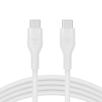 Belkin BoostCharge Flex Silicone USB C Charger Cable, USB-IF Certified USB Type C to USB Type C Charging Cable for iPhone 15, Samsung Galaxy S23, S22, iPad, MacBook, Note, Pixel and More - 2m, White