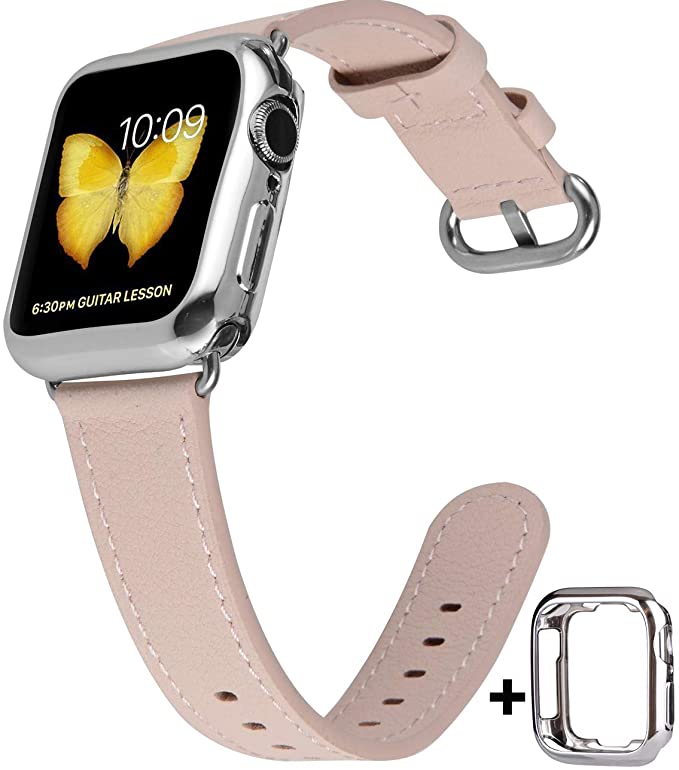 JSGJMY Compatible with Apple Watch Band 38mm 40mm 42mm 44mm Women Men Genuine Leather Replacement Strap for iWatch Series 5 4 3 2 1 (Soft Pink with Silver Stainless Steel Clasp, 38mm/40mm S/M)
