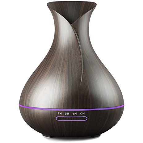 Essential Oil Diffuser 400ML 8h, Ultrasonic Air Humidifier, BPA Free, 7 Color LED Lights Lamp, Auto Shut-off, Black Olive Wood Grain. Cool Mist Machine for Home Office SPA EO Aromatherapy, Aroma Scent