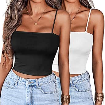 Ekouaer Women’s Sexy Crop Camisole Tops Square Neck Cami Shirts Cute Sleeveless Tank Top(Black,White,L)