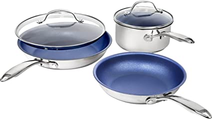 Granitestone Blue Nonstick Cookware Set, Tri-Ply Base, Stainless Steel Pots & Pans Set, 5 Piece Cookware, Includes, Frying Pans, Stock Pots & Skillets, Dishwasher & Induction Safe, Stay Cool Handles…