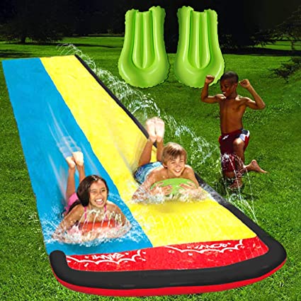 Lawn Water Slides Slip, 15.7-foot Double Rainbow Water Slide With Splash Sprinkler and Upgraded Inflatable Crash Pad, Lawn Water Slides is suitable for children's summer backyard swimming pool games