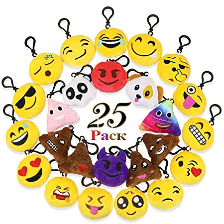 GeMoor 25Pack Emoji Keychain Mini Plush Pillows 2" for Kid Emoji Party Bag Fillers, Emoji Decorations Supplies Favors