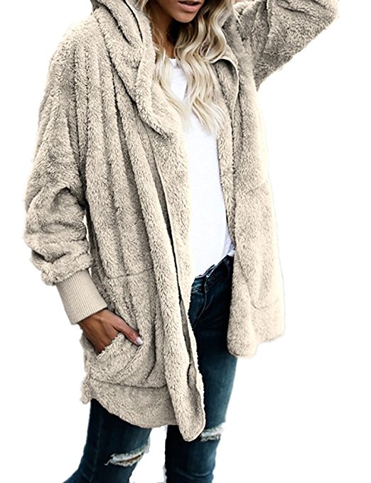 Ninimour Womens Open Front Cardigan Sherpa Hoodie Sweaters With Pocket
