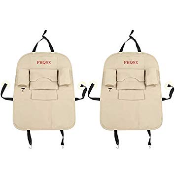 FHQSX PU Leather Car Back Seat Organizer, Kick Protector 2 Pack for Kids - Beige