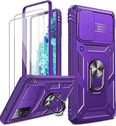 LeYi for [Samsung] [Galaxy] [S20] [FE] [5G] [Phone] [Case]: with Slide Camera Protective Cover   2 Tempered Glass Screen Protector, Ring Kickstand Military Grade Heavy Duty Shockproof Hard Cover, Purple