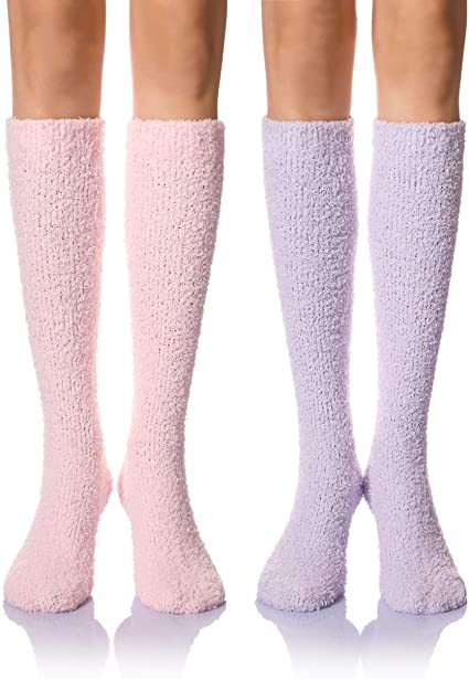 Womens Girls Soft Warm Knee High Stockings Cozy Calf High Winter Plush Fuzzy Slipper Socks 2 Pairs