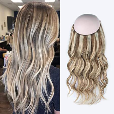 Sassina One Hairpiece Halo Hair Extensions Human Hair for a Full Head with Invisible Fish Line Highlight Ash Blonde to Platinum Blonde P8/60# 20 Inch 120 Gram