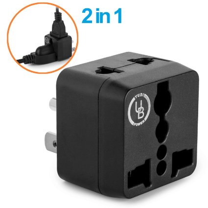 Yubi Power 2 in 1 Universal Travel Adapter with 2 Universal Outlets - Built in Surge Protector - Black - Type B for USA Canada Japan Dominican Republic Puerto Rico Mexico Philippines and More