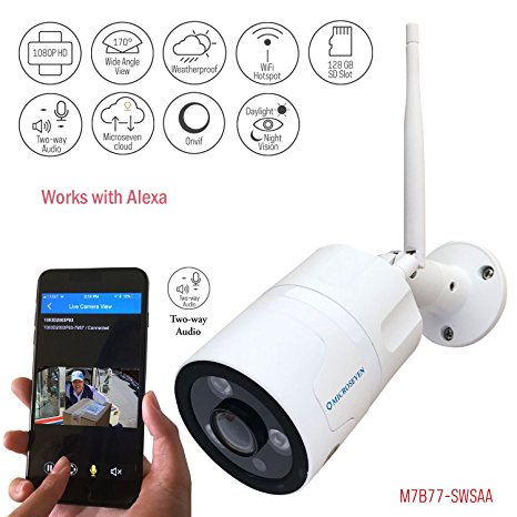 Microseven HD Works with Alexa, 1080P WiFi Outdoor IP Camera, SONY CMOS 3MP Wide Angle (170°) Built-in Microphone&Speaker Two-Way Talk,128GB SD Slot ONVIF Free M7 Cloud Live Streaming on microseven.tv