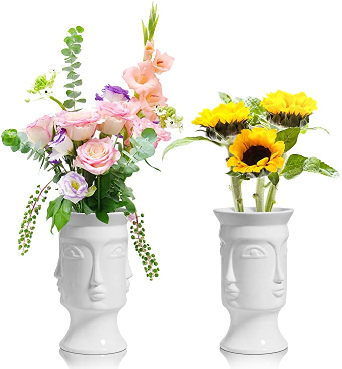 ComSaf Ceramic Flower Vase White Set of 2, Modern Human Face Design Bud Vase Tall Posy Bouquet Centerpiece for Home, Wedding, Christmas Decoration (7 Inch Height)