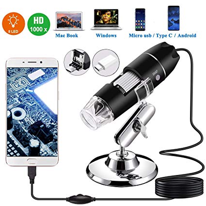 USB Microscope,1000x Zoom 1080p Digital Mini Microscope Camera with OTG Adapter and Metal Stand, Compatible for Micro USB Type-C Android, Windows Mac Linux