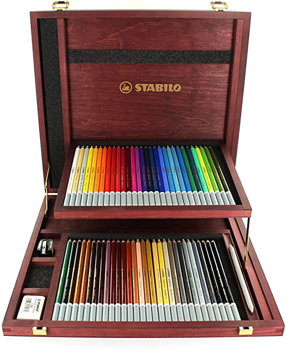 Premium Colouring Pencil - STABILO CarbOthello Pastel Pencil Wooden box of 60 assorted colours, plus sharpener, kneaded eraser, blending stump