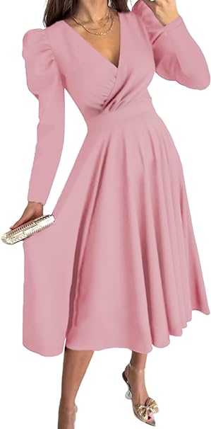 Dokotoo Womens Wrap V Neck Long Sleeve High Waist Vintage Wedding Guest Cocktail Party Swing A Line Midi Dresses