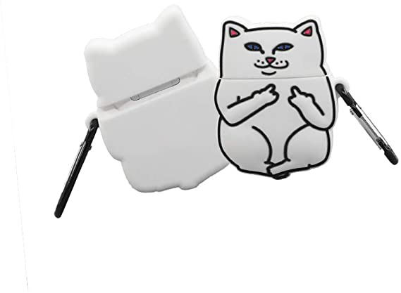 Airpods 1/2 Case Cover,3D Cute Cartoon Animal Funny Fun Cool Kawaii Fashion Finger Cat,Soft Silicone Airpod Character Skin Carabiner,Girls Boys Teens,Case for Air pods 1&2-White