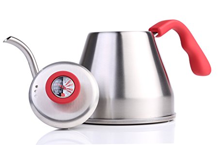 Pour Over Kettle | Thermometer, Gooseneck Spout, Heat-Resistant Handle, 1.2 liter Brushed Stainless Steel Body for Water, Coffee, Tea or Hot Toddy by The Elan Collective ( Hot Salmon)