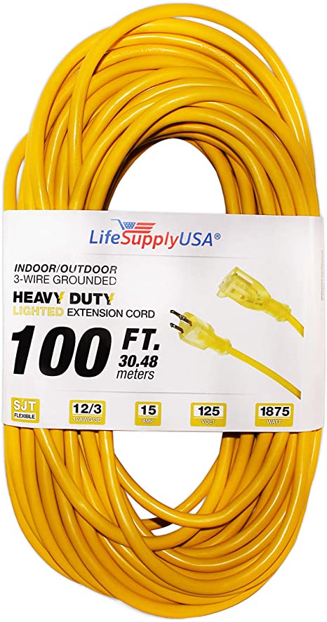 LifeSupplyUSA 12/3 100ft SJT 15 Amp 125 Volt 1875 Watt Lighted End Indoor/Outdoor Heavy Duty Extension Cord (100 Feet)