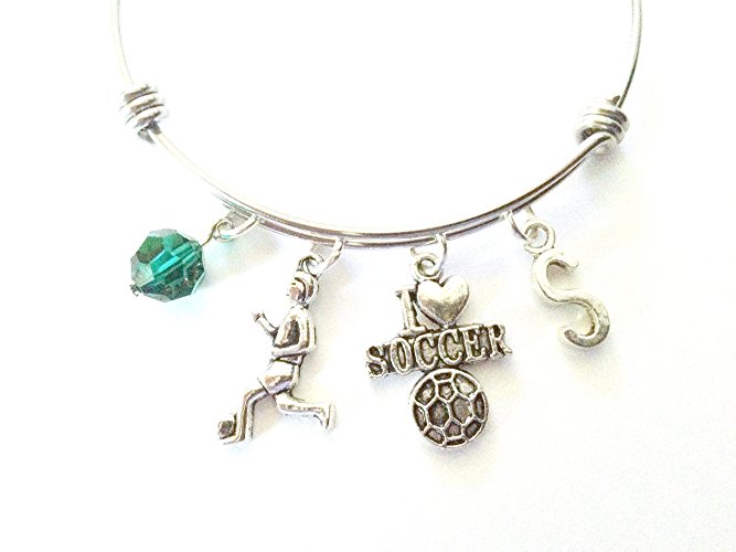 Soccer themed personalized bangle bracelet. Antique silver charms and a genuine Swarovski birthstone colored element.