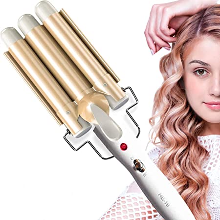 3 Barrel Hair Curler, 25MM Hair Waver Curling Iron Wand Adjustable Temperature, Curling Tongs Crimping Bubble Styling Tool Tourmaline Ceramic for Long Hair, Gold