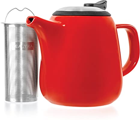 Tealyra - Daze Ceramic Teapot in Red - 700ml (2-3 Cups) - Small Stylish Ceramic Teapot with Stainless Steel Lid and Extra-Fine Infuser to Brew Loose Leaf Tea