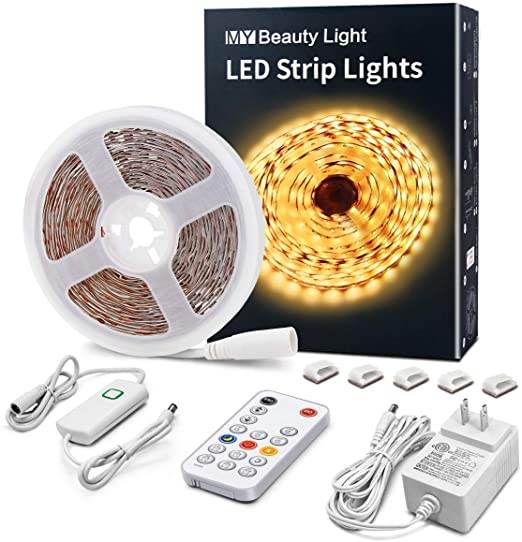 LED Strip Lights Warm White 16.4ft Dimmable LED Light Strip with RF Remote 3000K Ultra Bright Plug-in Under Cabinet Lighting with Timing Mode LED Tape Light Full Kits for Bedroom Kitchen Room Decor