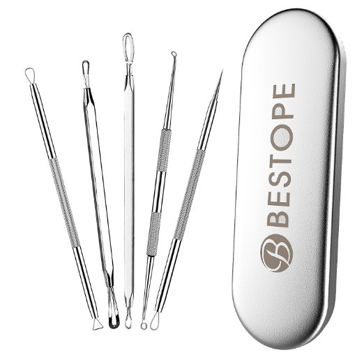 BESTOPE Blackhead Remover Pimple Acne Extractor Tool Best Comedone Removal Kit - Treatment for Blemish Whitehead Popping Zit Removing - 100 Hygienic for Risk Free Nose Face Skin with Metal Case