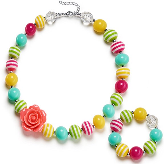 Vcmart Girls Necklace and Bracelet Set Chunky Bubblegum Beads Kids Jewelry with Gift Box