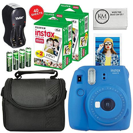 Fuji Instax Mini 9 Camera Cobalt Blue   Carry Case   Rechargeable AA Batteries & Charger   Instax Mini Film (40 Sheets)