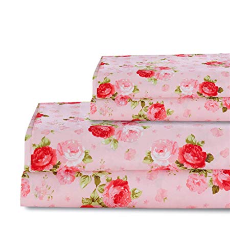 Bedlifes Rose Floral Sheet Set Luxury Ultra Soft Wrinkle-Free Hypoallergenic Pattern Printed Bed Sheets Deep Pocket Flat Sheet& Fitted Sheet& Pillowcases 100% Microfiber 4 Piece Full Pink Flowers